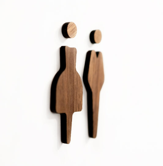 man and women toilet door sign made from walnut