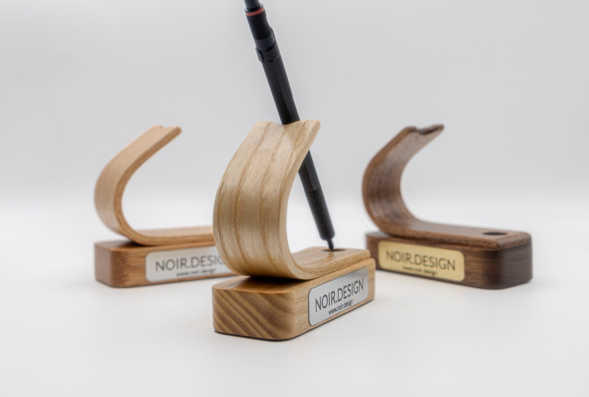 Bespoke nameplate detail on handcrafted pen holder